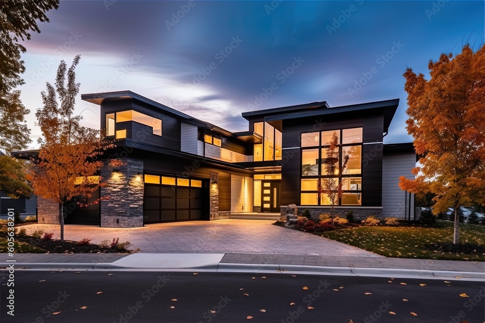 Contemporary Design meets Futuristic Features: A New Property with Three-Car Garage, Dark Gray Siding, and Natural Stone Accents., generative AI