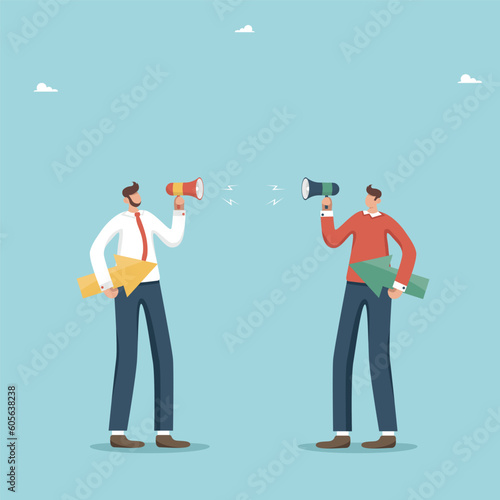 Opposite business vision, team players disagreement or team conflict, alternative choice, market competition, different business development strategies, businessmen arguing with arrows in their hands.