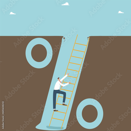 Paying off loans, paying interest on a bank debt or mortgage, borrowing money, debt obligations, financial difficulties, investment risks, credit rating, a man is climbing a ladder out of a debt hole.