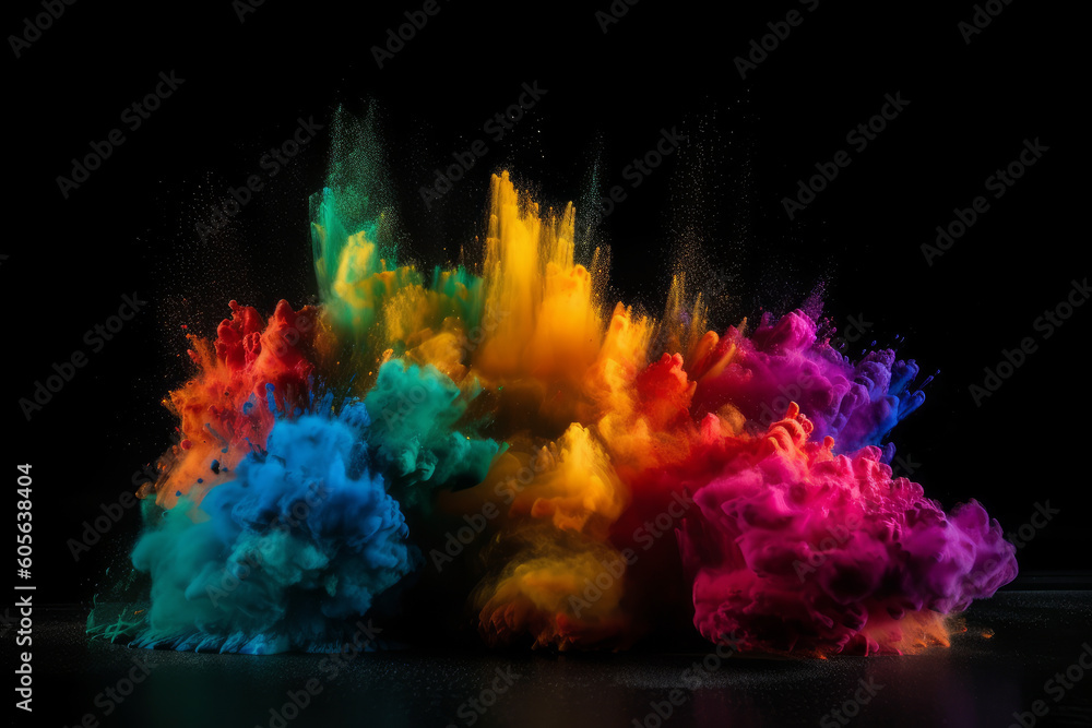Explosion of colored powder on black background, Generative ai