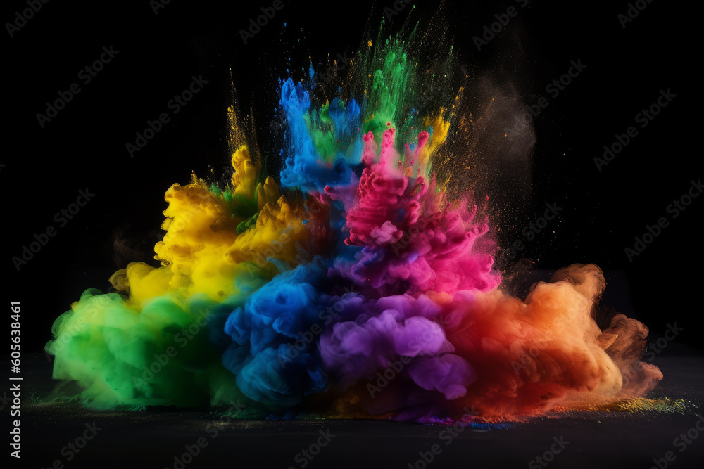 Fototapeta premium Explosion of colored powder on black background, Generative ai