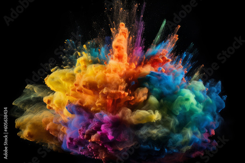 Explosion of colored powder on black background, Generative ai © Marius