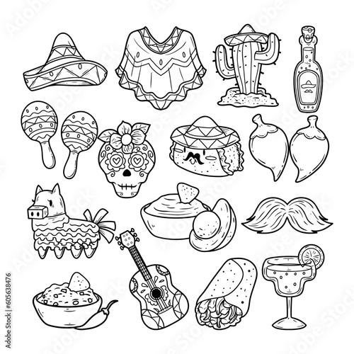 Set of cinco de mayo element hand-drawn outline sketch illustration