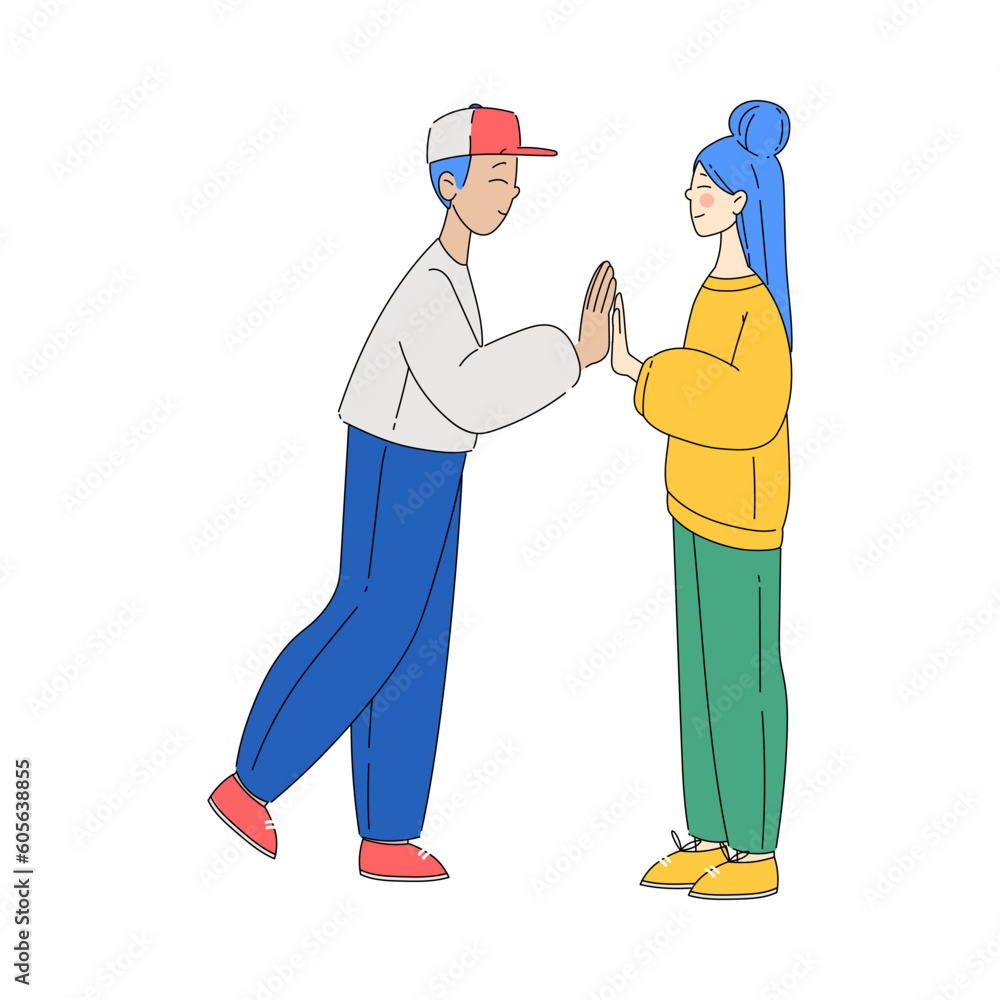 Man and Woman Character Comforting Touching with Palm Hand Warmly Vector Illustration Man and Woman Character Comforting Touching with Palm Hand Warmly Vector Illustration