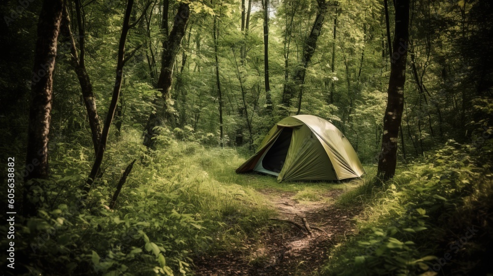 Tourist camp tent in the summer green forest, active leisure. Wellness family travel, vacation. AI generated.