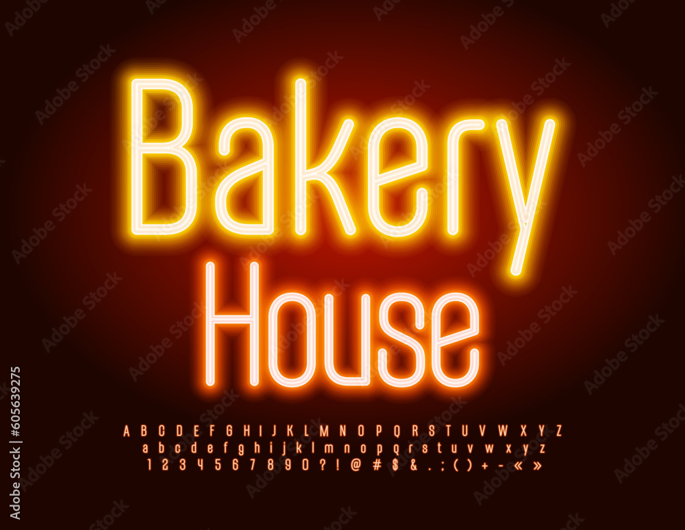 Vector neon Banner Bakery House. Modern stylish Font. Elegant Glowing Alphabet Letters, Numbers and Symbols set.