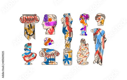 Hand drawn vector abstract outline,graphic,contemporary greek ancient sculpture statues and columns line set.Antique classic statue in trendy graffity style,outline design concept.Sculpture art set.