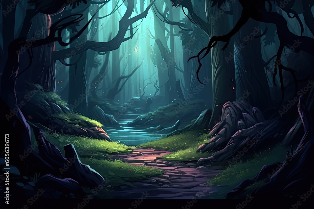Dark forest 2D mobile game background, dark forest environment, horror background, Generated by AI