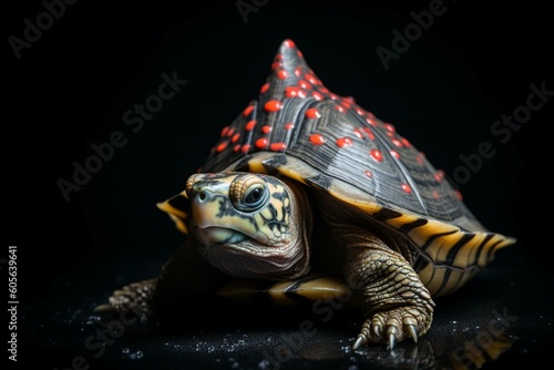 Adorable new year turtle in a Christmas hat on black background, with playful raindrops. Perfect for pet and reptile lovers. Generative AI © Amelia