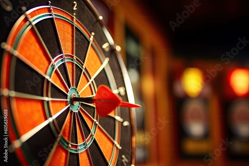 Dart arrow hitting in bulls eye on dartboard, goal achievement concept, Generated by AI