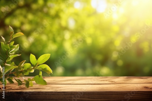 Beauty bokeh and sunlight. Spring beautiful background with green juicy young foliage and empty wooden table in nature outdoor. Ai generative.