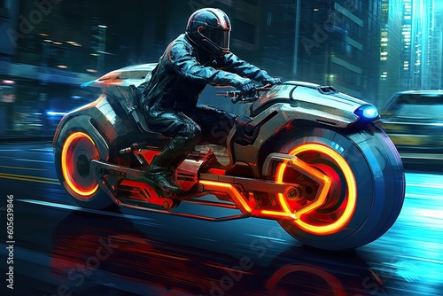 Futuristic electric bike with orange neon lights, cyberpunk hight-tech motorcycle, Generated by AI © Maryna