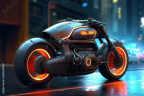Futuristic electric bike with orange neon lights, cyberpunk hight-tech motorcycle, Generated by AI © Maryna