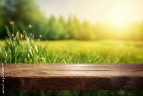 Beauty bokeh and sunlight. Beautiful spring natural background with green fresh juicy young grass and empty wooden table in nature. Ai generative.