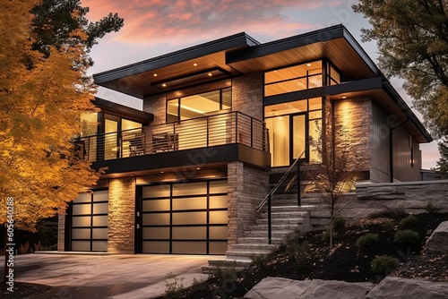 Modern Home with Two-Car Garage and Unique Bronze Siding Design: Natural Stone Staircase Adds Elegance, generative AI