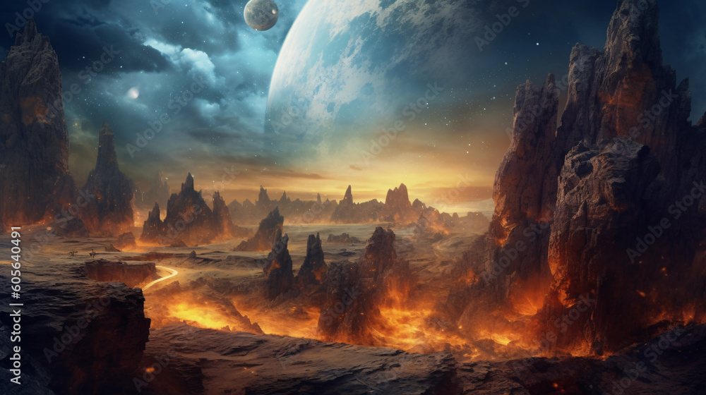 Obraz premium An enchanting 3D render of a celestial landscape. Swirling clouds of golden dust and shimmering stars in the background. Generative AI. 