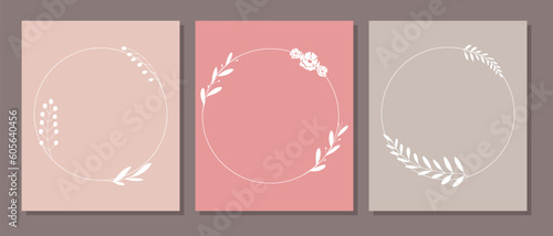 Set of elegant round templates with hand drawn botanical elements. For posters, decoration, postcards, wedding, invitation, cover, social media post