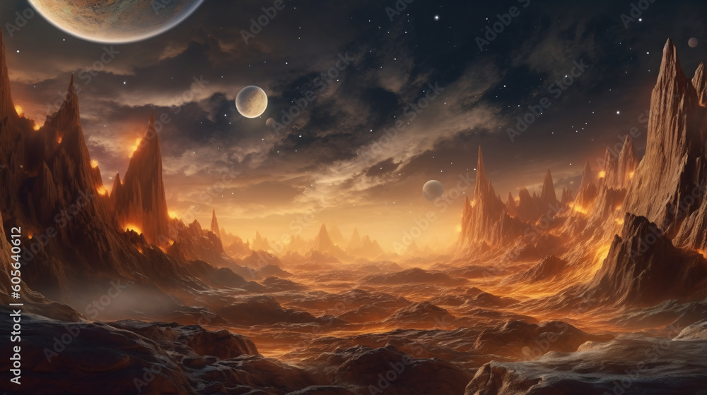 An enchanting 3D render of a celestial landscape. Swirling clouds of golden dust and shimmering stars in the background. Generative AI. 