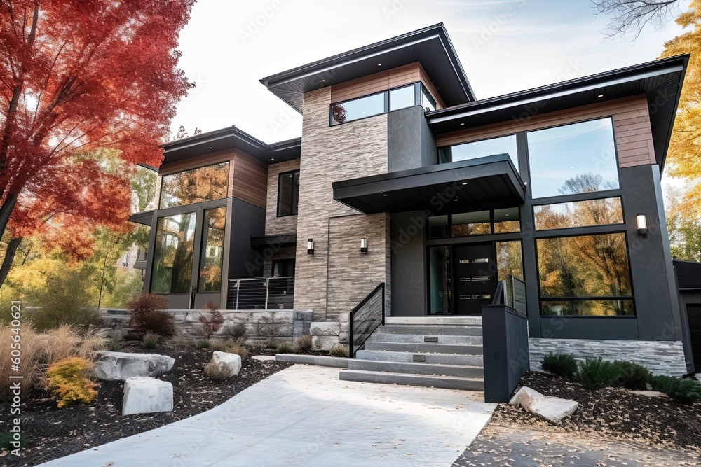 Modern Two-Car Garage Home: Innovatively Built with Dark Green Siding and Natural Stone Staircase., generative AI