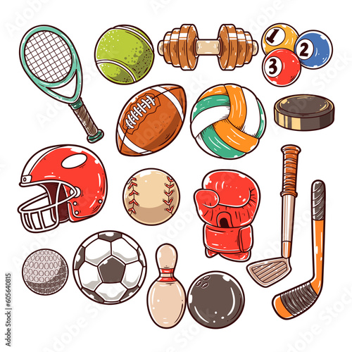 Set of sport tools element hand-drawn illustration