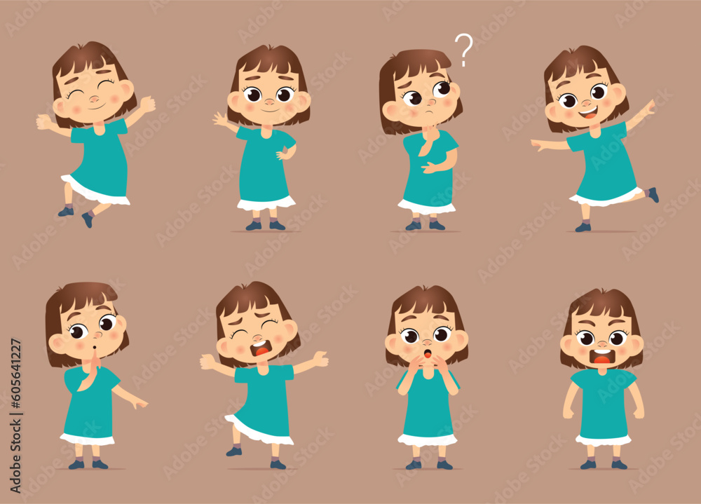 Illustration set of a young girl making showing different emotions and facial expressions Illustration set of a young girl making showing different emotions and facial expressions