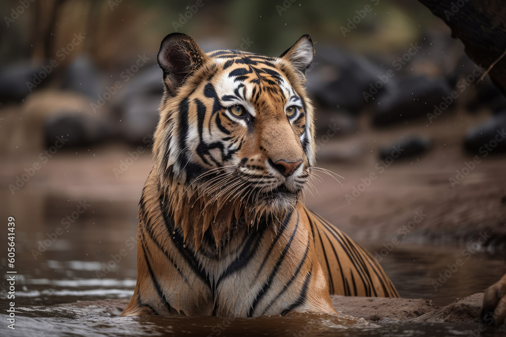 Indian tiger male in natural habitat, Generative ai Indian tiger male in natural habitat, Generative ai
