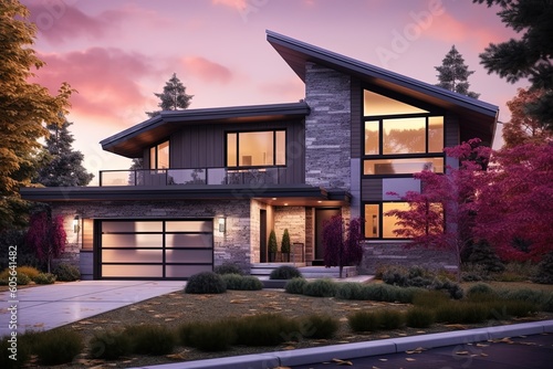 Contemporary and Minimalist New Build Home with Two-Car Garage, Natural Stone Walls, and Striking Purple Siding, generative AI