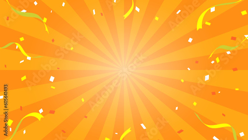 リボンや紙吹雪が舞うサンバーストの背景イラスト（オレンジ色、16:9）