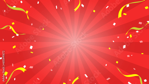 リボンや紙吹雪が舞うサンバーストの背景イラスト（赤色,16:9）