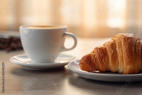 Delicious breakfast with fresh croissants and coffee. Generative AI