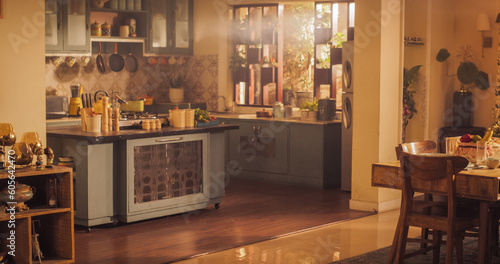 Wide Shot of an Empty Cosy Kitchen Decorated with Indian Style. Stylish Traditional South Asian Home with Utensils and Wide Window Letting the Spring Warmth and Light in. Vintage Warm Aesthetic