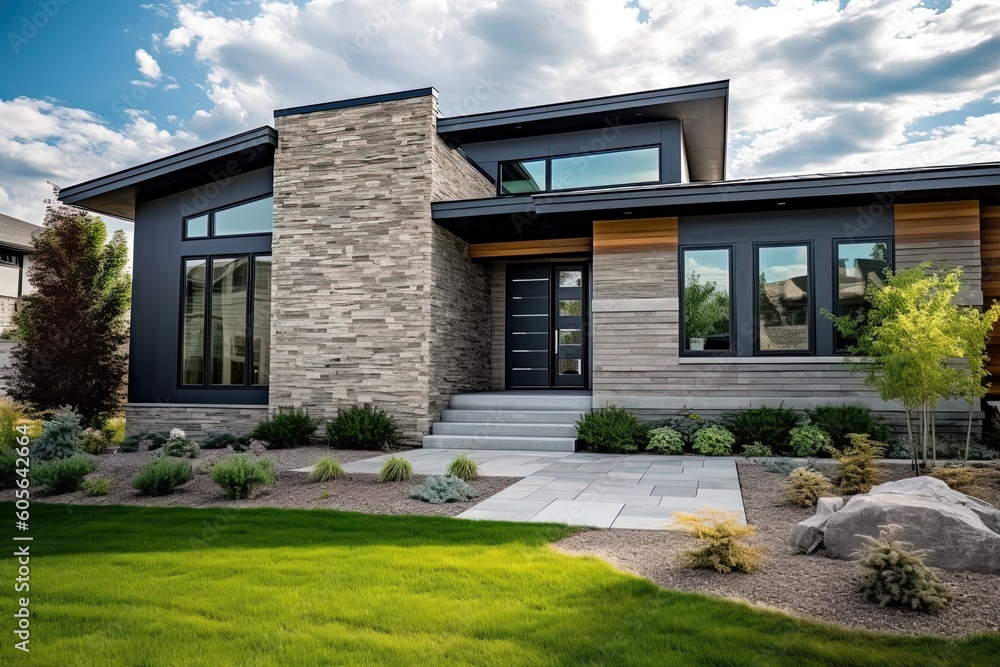Contemporary Layout and Natural Stone Walls: A Minimalist New Build Home with Two-Car Garage and Dark Blue Siding, generative AI