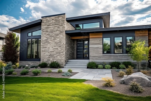 Contemporary Layout and Natural Stone Walls: A Minimalist New Build Home with Two-Car Garage and Dark Blue Siding, generative AI © Michael