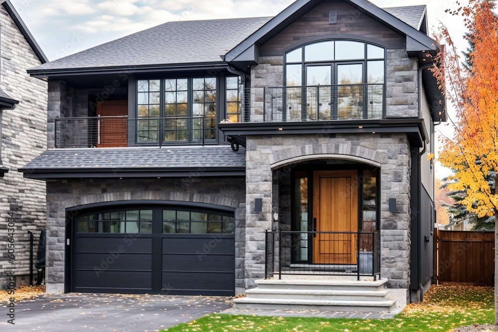 Cutting-Edge Features in a Brand New Progressive House: Single Car Garage, Dark Gray Siding, and Stunning Natural Stone Cladding, generative AI
