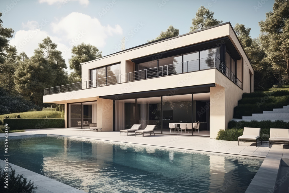 Modern house with terrace and a swimming pool, Generative ai