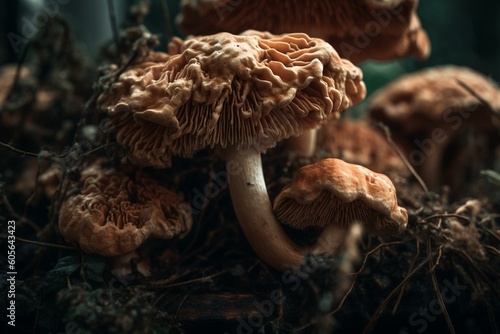 Close-up of fungal fruiting bodies known as macro mushrooms. Generative AI