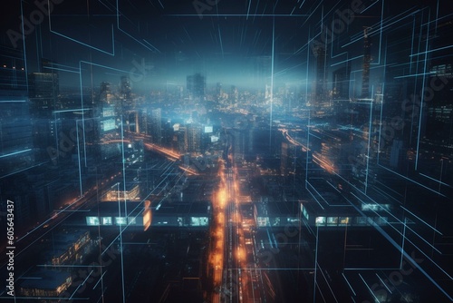 Cutting-edge infrastructure and automation technology for a bright future. Keywords: smart, big data, connection, intelligent, buildings, automation, nighttime, futuristic, business,. Generative AI