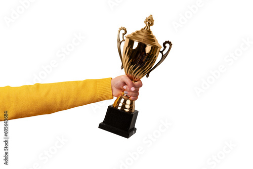 hand holding golden trophy  isolated on transparent background
