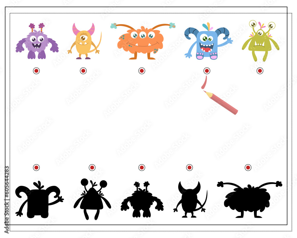 Find the right shadow, an educational game for kids, cartoon monsters, aliens in a flying saucer. Vector illustration