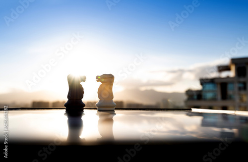 Two chess knights on city background