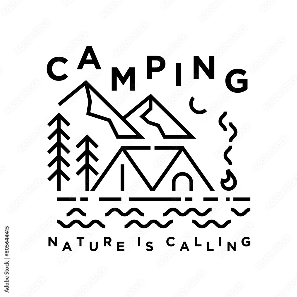 camping scene vector illustration vintage monoline style. nature is calling concept