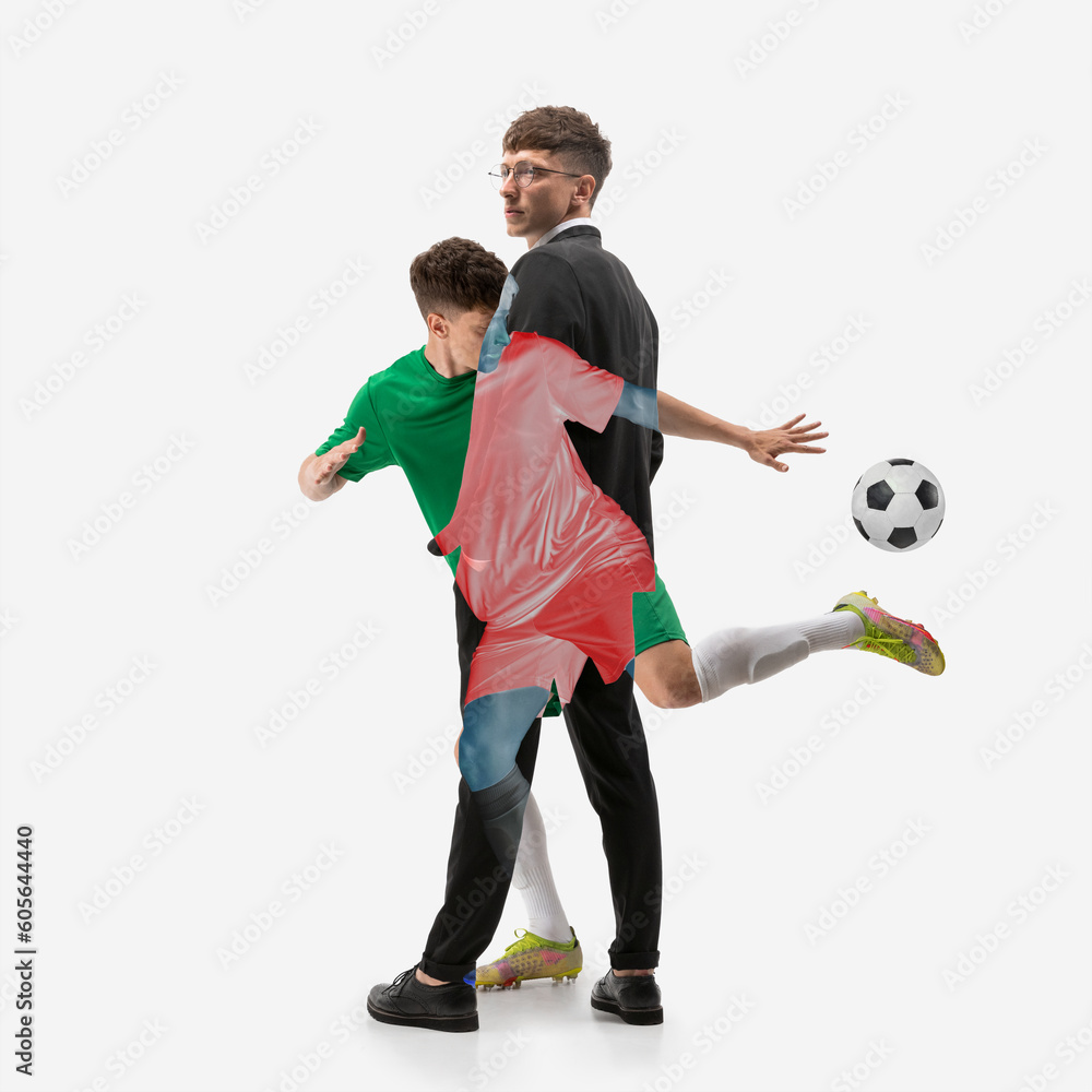 Confident man in formal wear, employee and football player in motion, training, dribbling ball isolated over white background. Collage. Concept of sport and business, active lifestyle, motivation