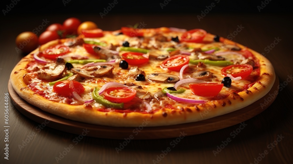Rustic wooden table with pizza Margarita with fire in the back. Generative AI Rustic wooden table with pizza Margarita with fire in the back. Generative AI