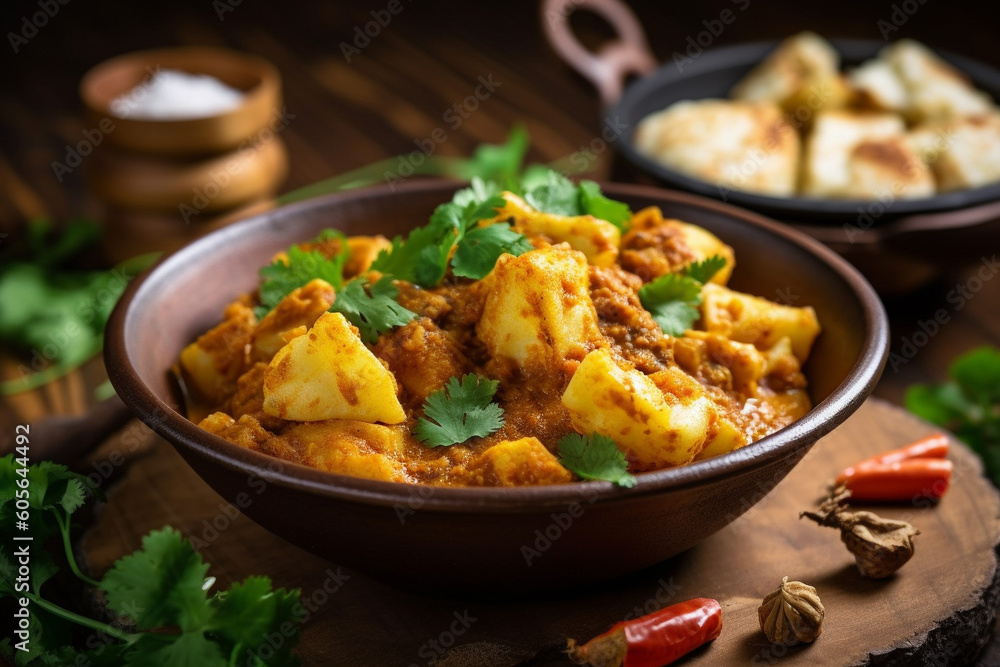 Indian chicken curry recipe served in a black plate. Ai generated Indian chicken curry recipe served in a black plate. Ai generated