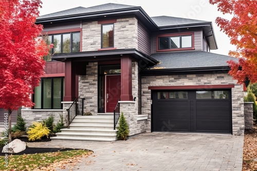 Cutting-Edge Features in a Brand New, Progressive House with Single Car Garage and Burgundy Siding Accented by Natural Stone Cladding, generative AI