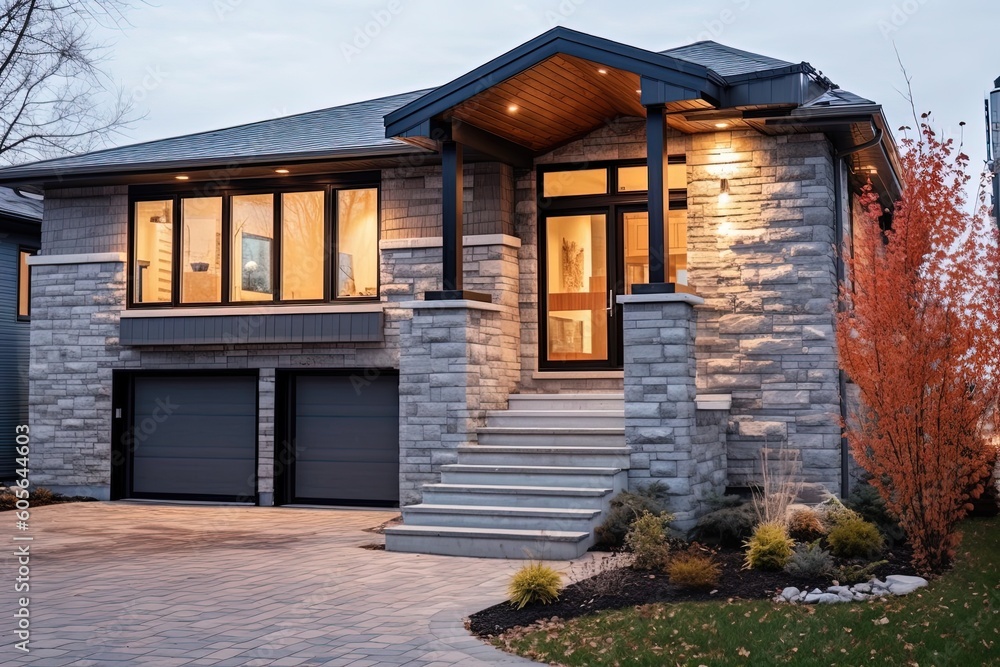 Cutting-Edge Features of a Brand New Progressive House with Single-Car Garage, Light Blue Siding, and Natural Stone Cladding, generative AI Cutting-Edge Features of a Brand New Progressive House with Single-Car Garage, Light Blue Siding, and Natural Stone Cladding, generative AI