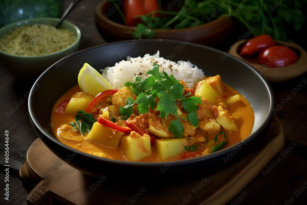 Indian chicken curry recipe served in a black plate. Ai generated Indian chicken curry recipe served in a black plate. Ai generated