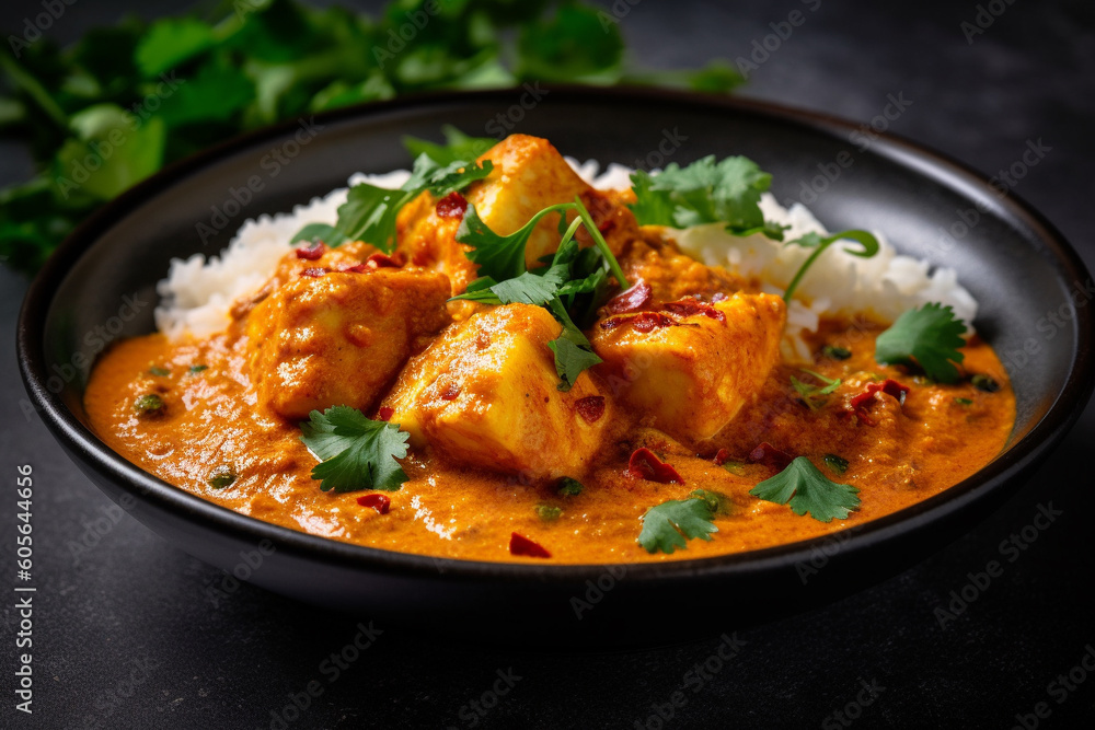 Indian chicken curry recipe served in a black plate. Ai generated Indian chicken curry recipe served in a black plate. Ai generated