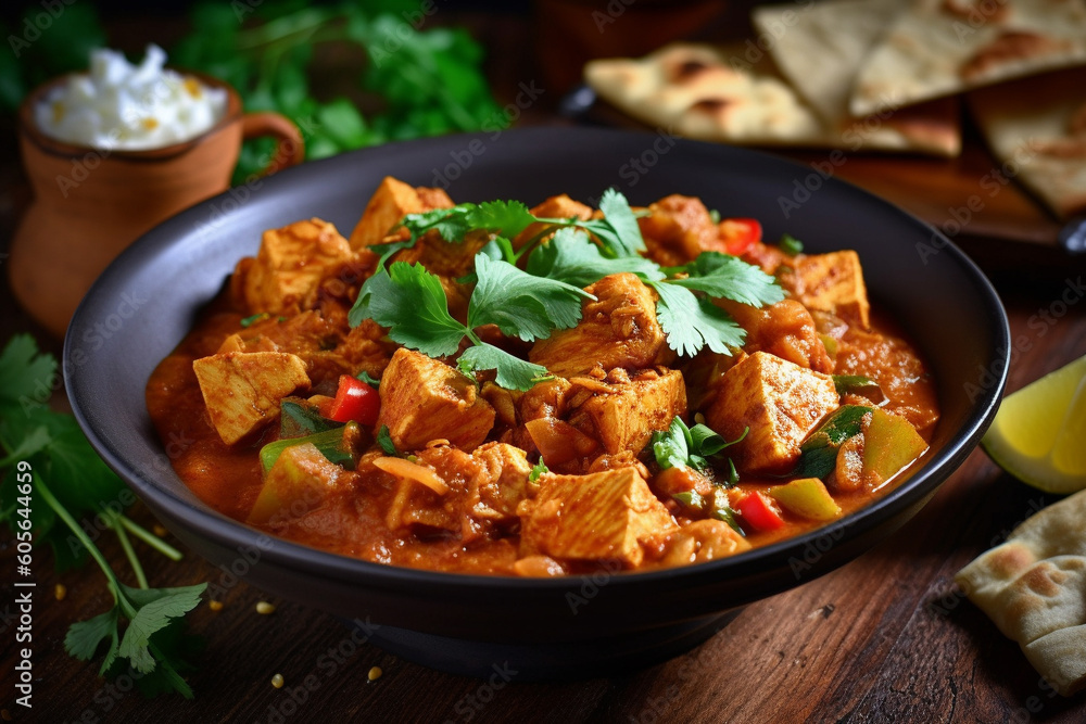 Indian chicken curry recipe served in a black plate. Ai generated