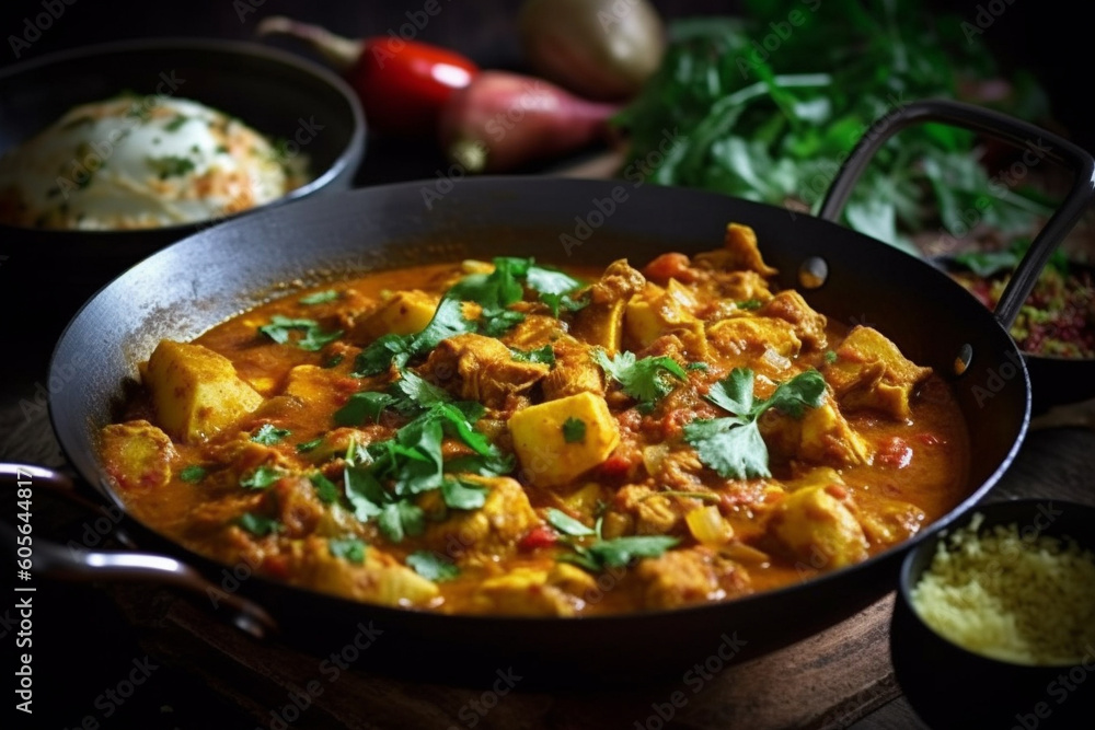 Indian chicken curry recipe served in a black plate. Ai generated Indian chicken curry recipe served in a black plate. Ai generated